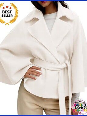 Wool Blend Cape Coat Poncho Pea Coat Belted Winter Outerwear